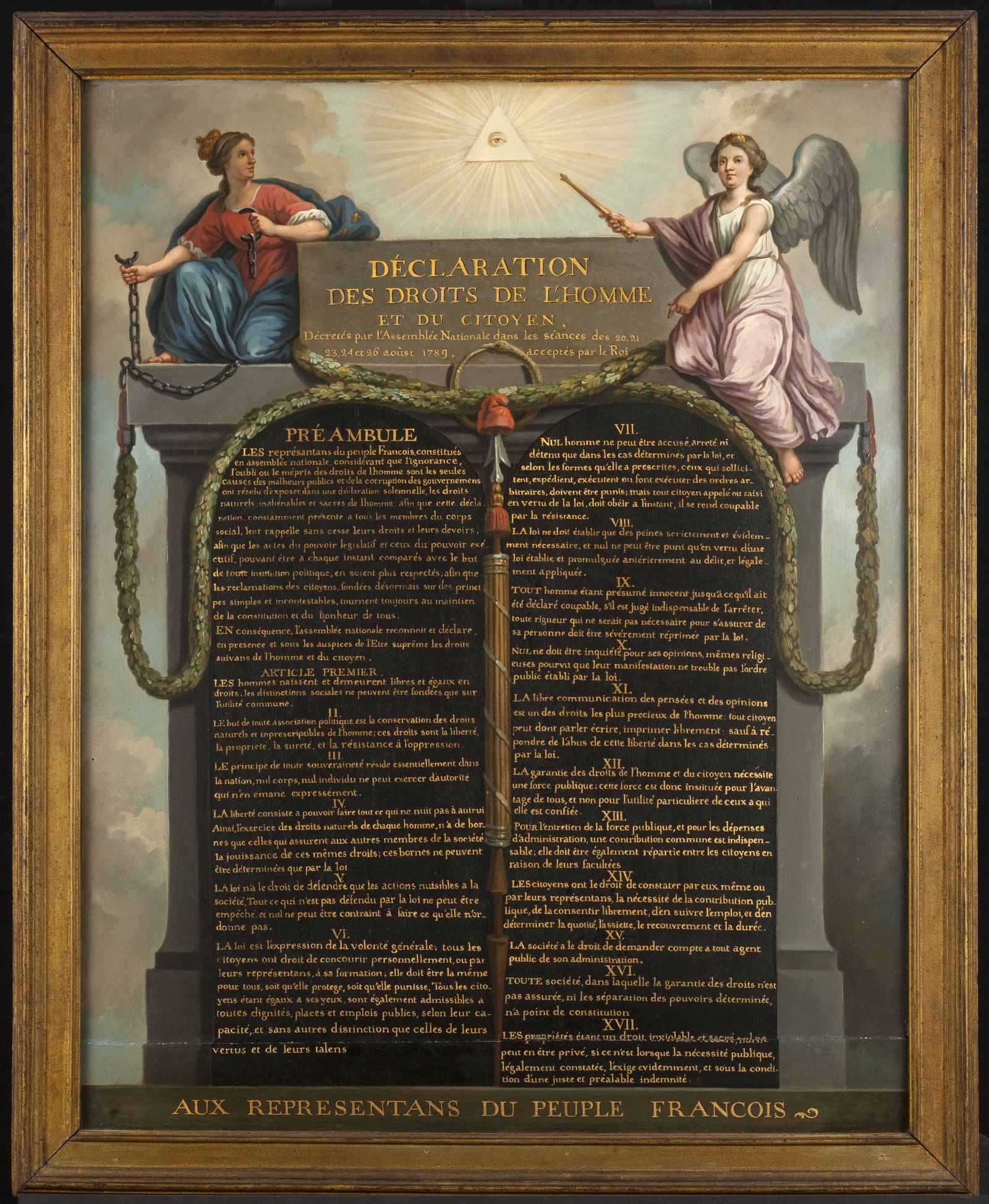 Tableau de la Déclaration des droits de l’homme et du citoyen, avec le texte gravé sur des tables encadrées par deux figures allégoriques