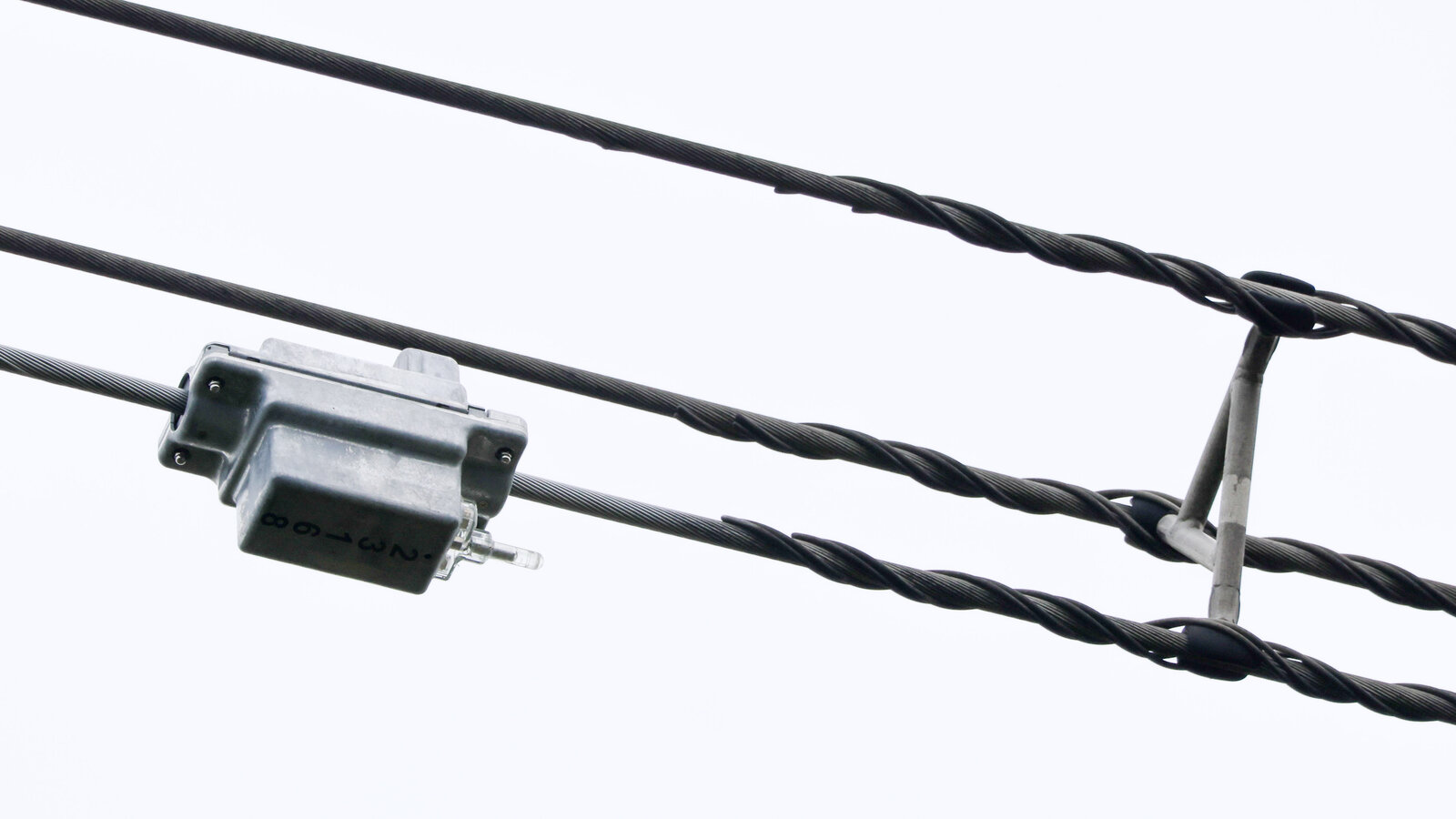 Gros plan sur des câbles torsadés d’une ligne haute tension, avec un petit boîtier de capteur fixé sur l’un d’eux