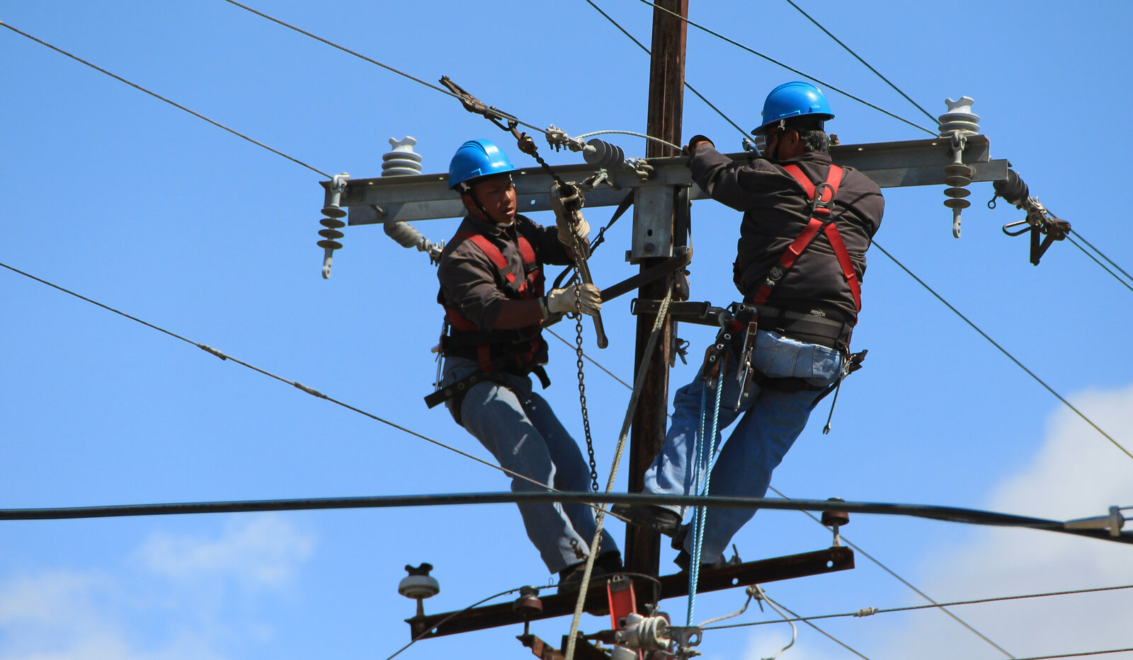 Deux monteurs en casque bleu et harnais rouge travaillent côte à côte en haut d’un poteau électrique