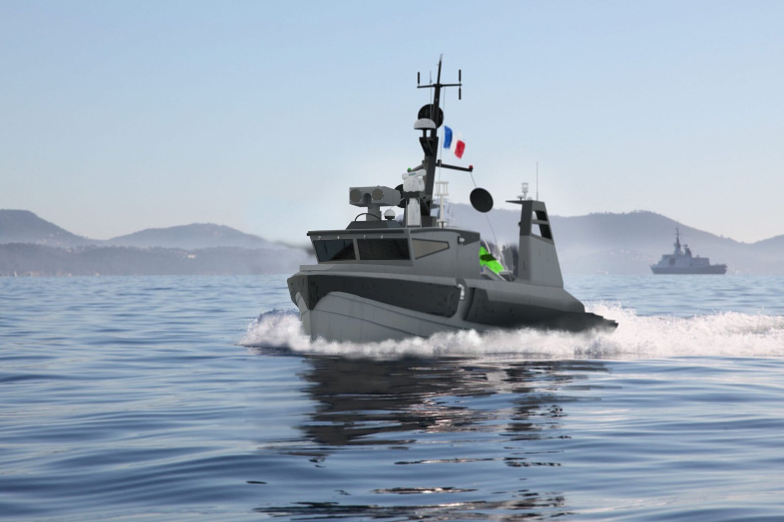 Image de synthèse d’un drone de surface de guerre des mines remorquant un sonar