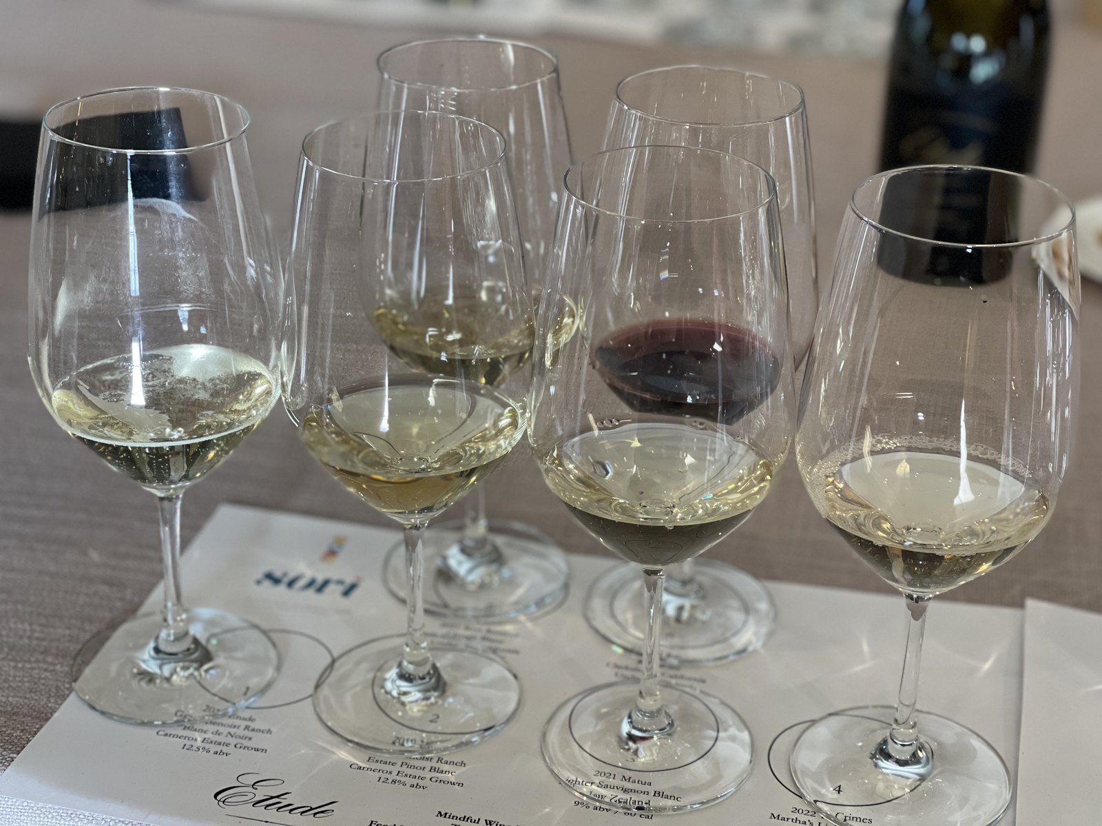Cinq verres de vin blanc et rouge alignés sur une fiche de dégustation