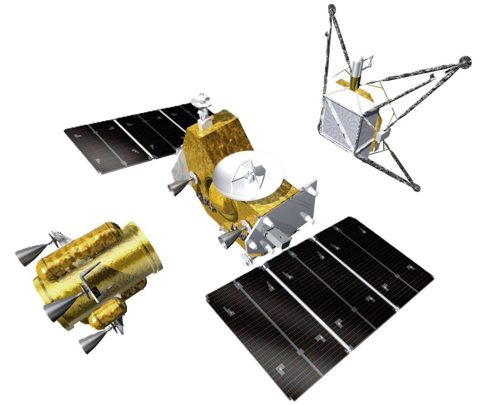Image de synthèse de la sonde MMX séparée en trois modules dorés et argentés, avec leurs panneaux solaires noirs