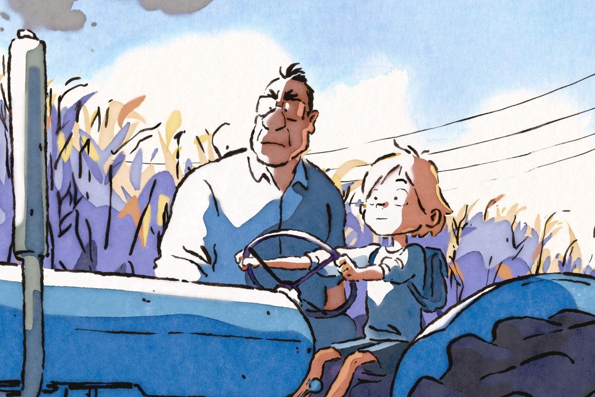 Dessin à l’aquarelle d’un père et de son fils sur un tracteur bleu