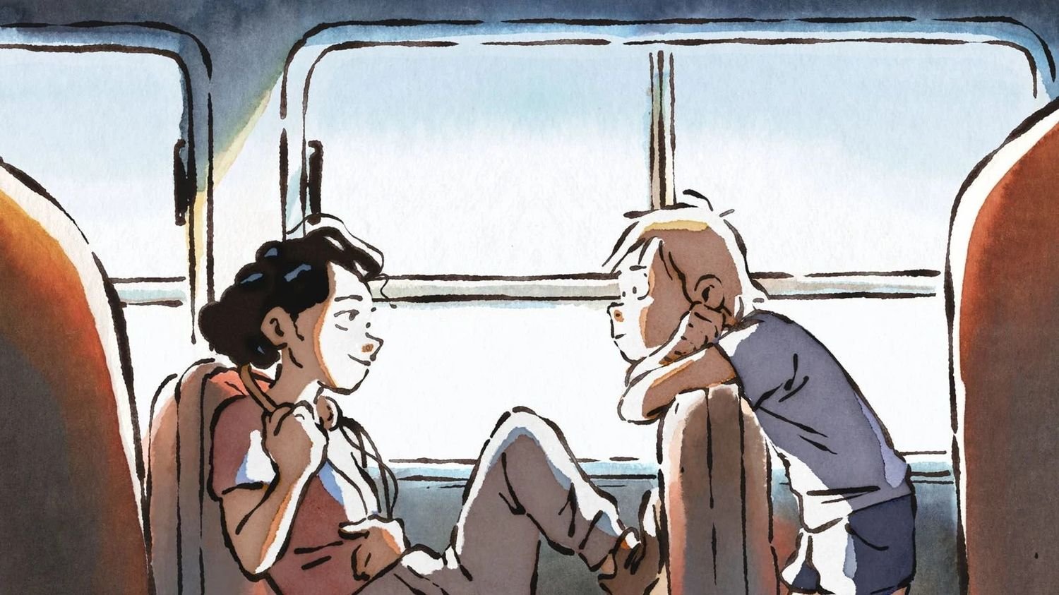 Dessin d’une fille et d’un garçon assis côte à côte dans un bus scolaire