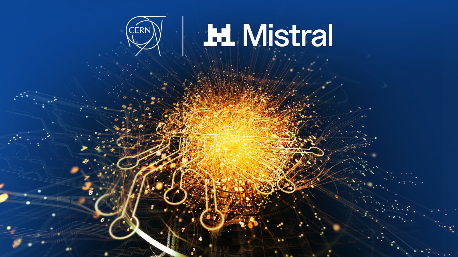 Les logos du CERN et de Mistral côte à côte au-dessus d’une gerbe de particules dorées sur fond bleu nuit