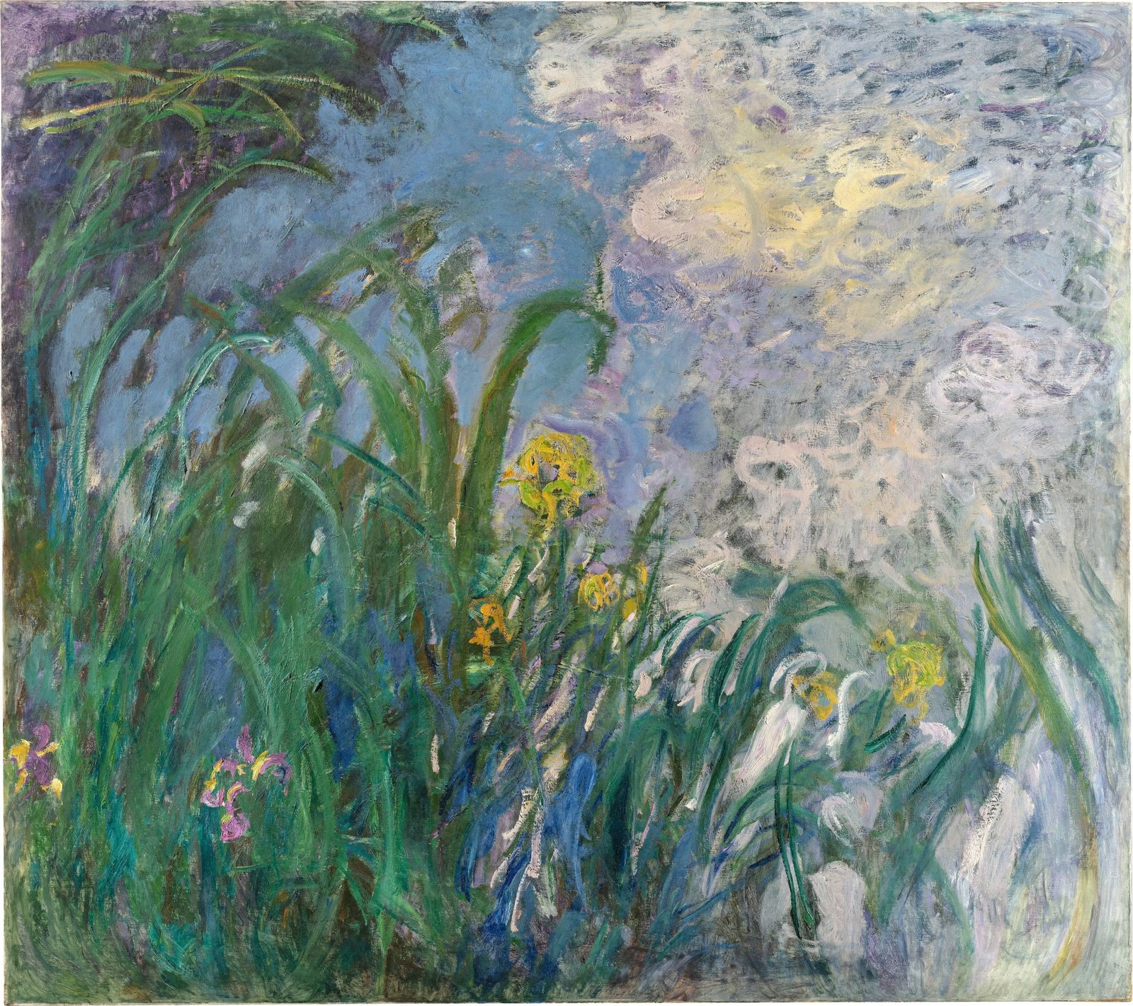 La toile « Iris » de Claude Monet : de hautes feuilles vertes d’iris et quelques fleurs jaunes et mauves devant un fond d’eau bleue et de nuages pâles