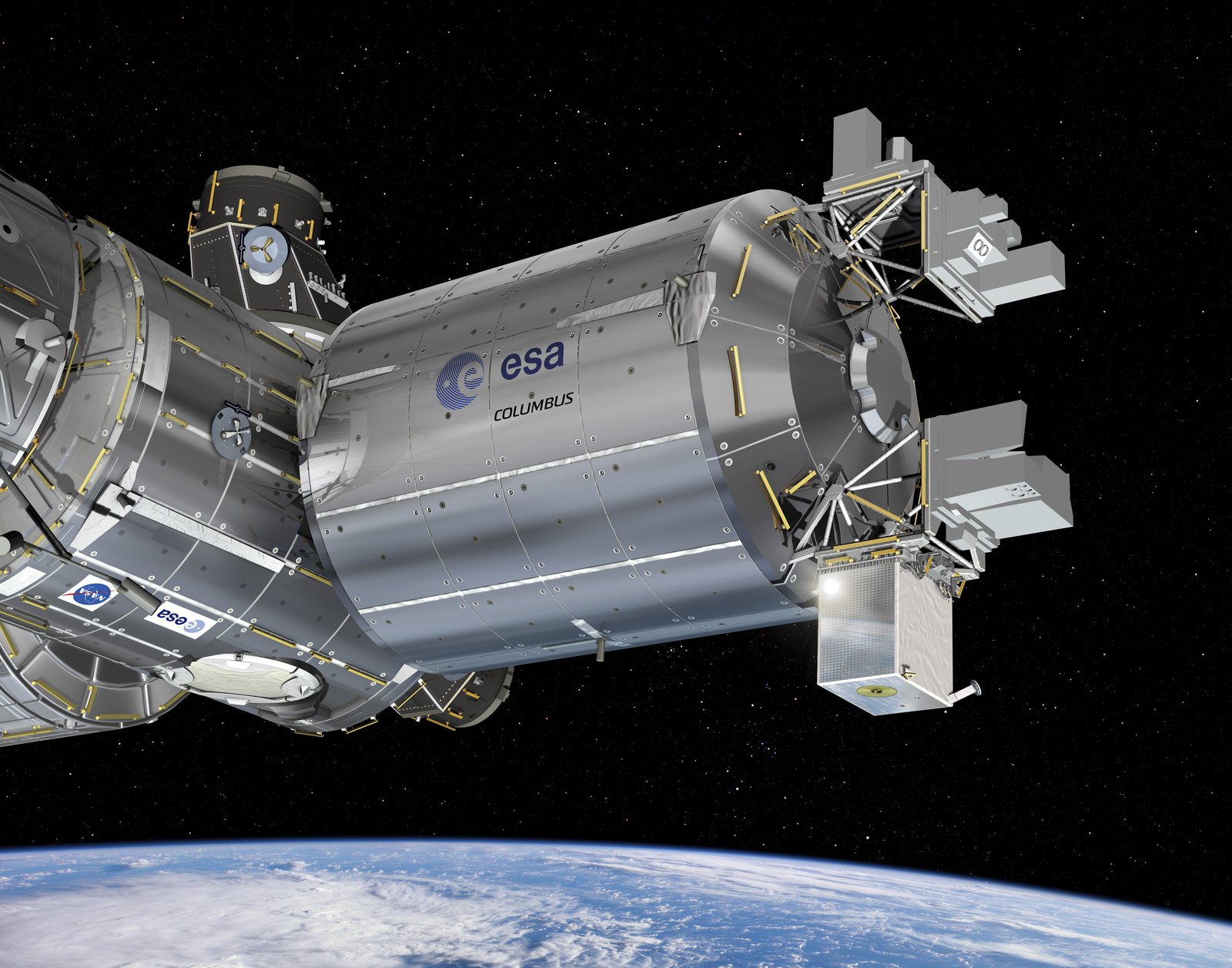 Vue d’artiste du module Columbus de la Station spatiale, avec le caisson d’ACES fixé sous son extrémité, au-dessus de la Terre