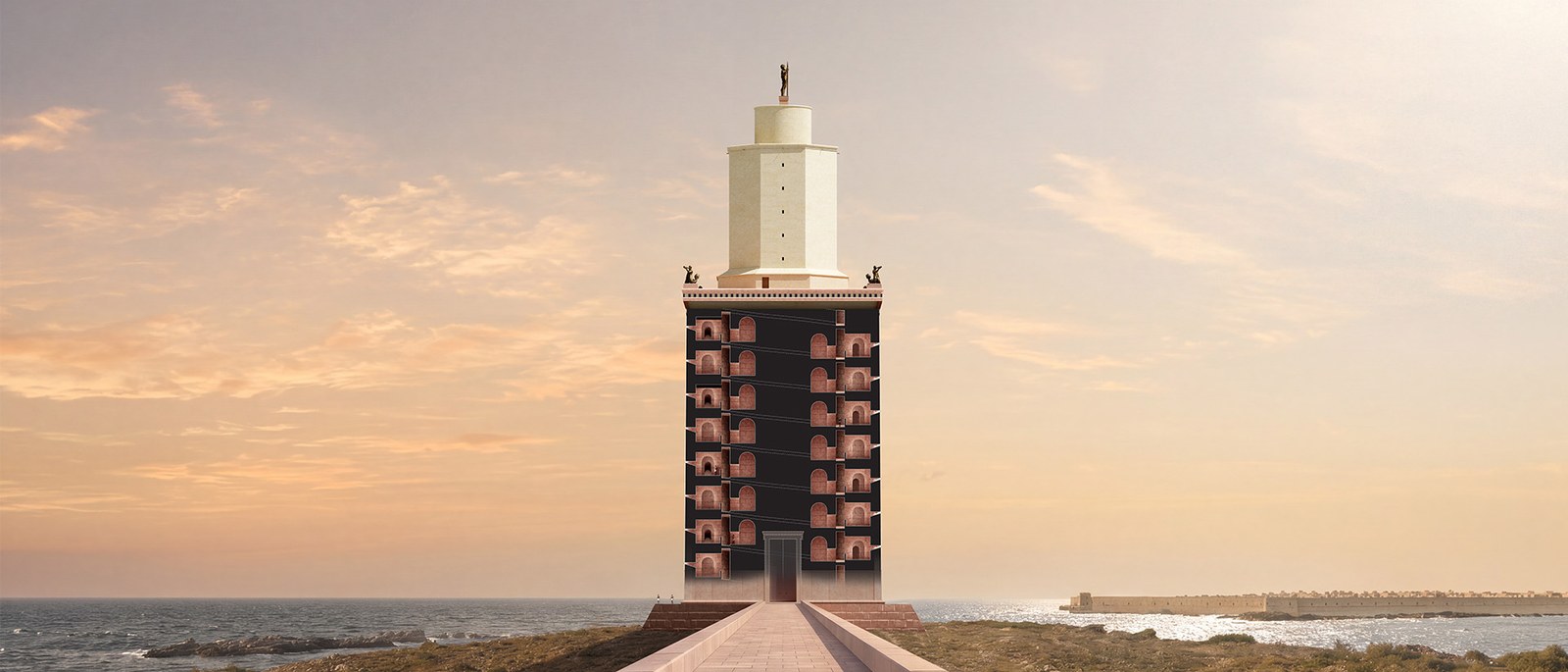 Reconstitution numérique du phare d’Alexandrie vu depuis la chaussée, au crépuscule
