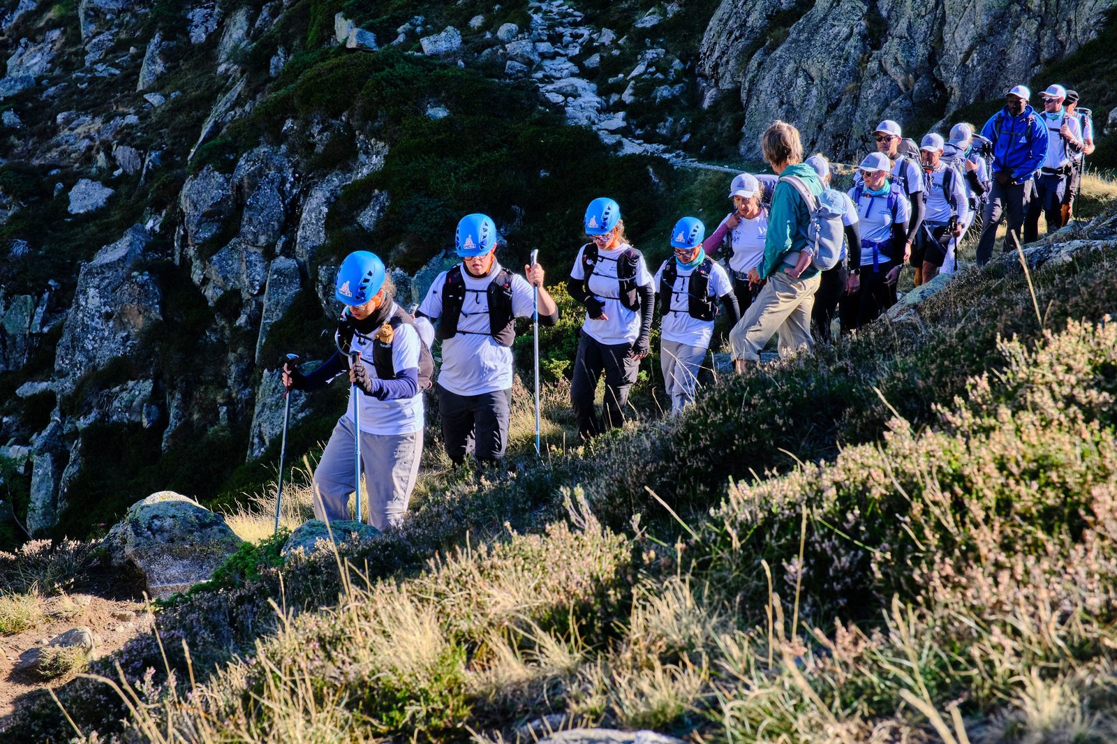 Une longue file de randonneurs casqués, en t-shirts blancs, progresse sur un sentier de montagne entre herbes et rochers