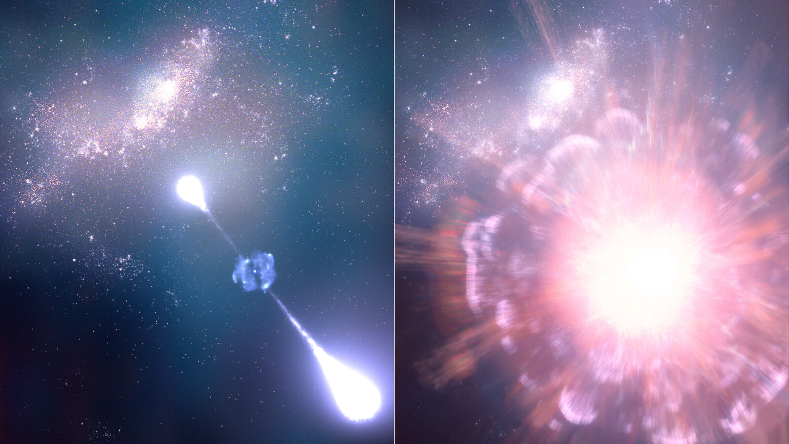 Vue d’artiste en deux panneaux : à gauche, deux jets de lumière jaillissent d’une étoile, à droite, une explosion rose et blanche illumine une galaxie