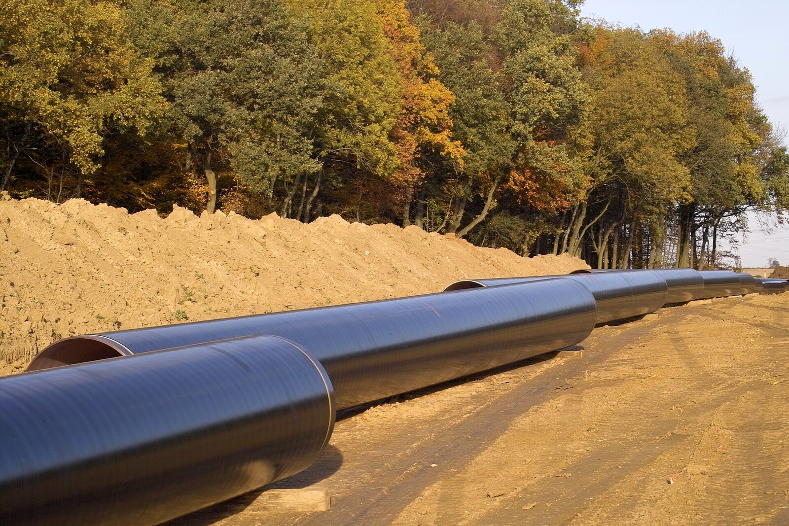 Chantier de pose d’un gazoduc avec tubes empilés au premier plan