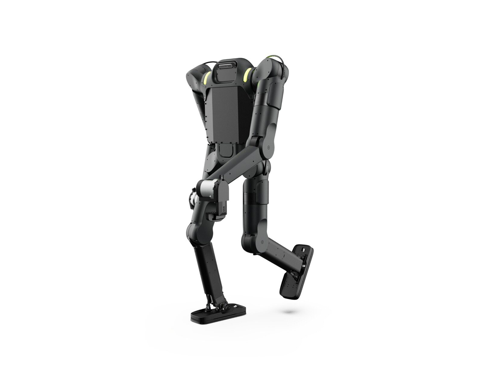 Rendu studio du robot humanoïde Calvin-40, noir et gris, en pleine marche