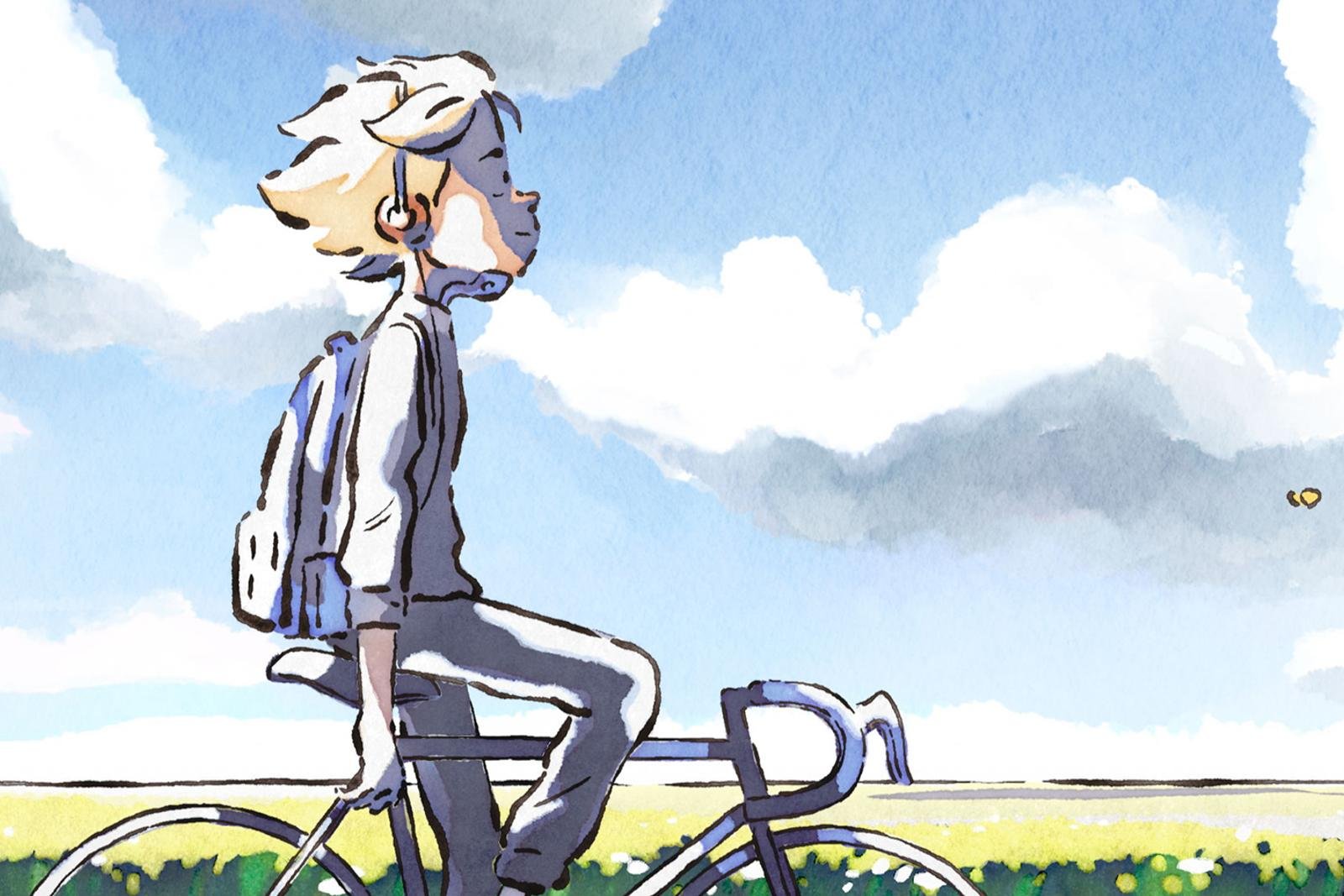Dessin à l’aquarelle d’un garçon à vélo sous un ciel bleu, image du film Le Corset